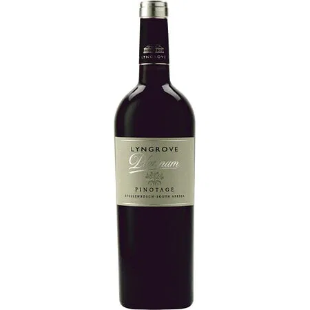 A Bottle Of Lyngrove Platinum Pinotage Red Wine With A Dark Glass Body And A Light Beige Label, Standing Upright On A White Background. The Label Indicates It Is From Stellenbosch, South Africa.