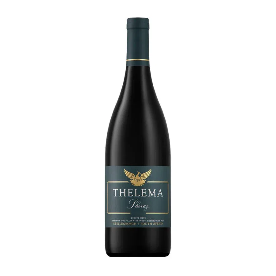 Bottle of Thelema Shiraz 2021 showing a deep ruby red wine with rich dark fruit colour and polished visual depth.