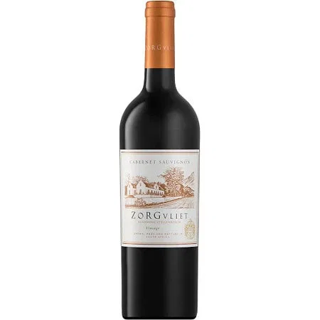 Bottle Of Zorgvliet Cabernet Sauvignon 2022 Displaying A Dark Ruby Wine With Concentrated Colour And Clean Visual Clarity.