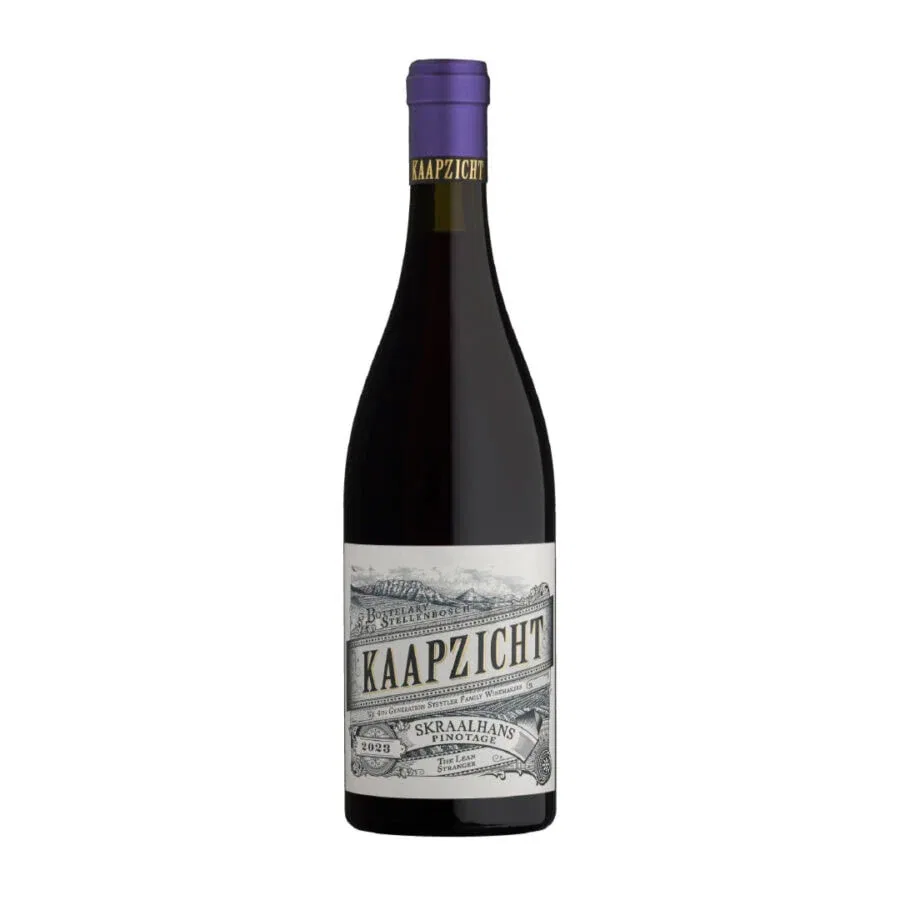 Kaapzicht SkrAAhlhans Pinotage from Stellenbosch, showcasing rich flavors.
