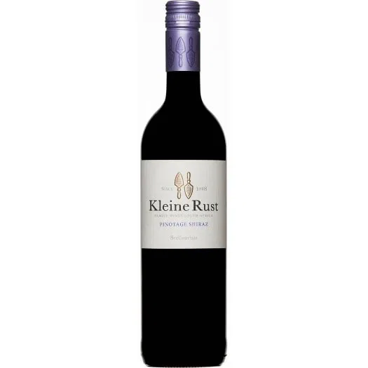 Red wine bottle of Stellenrust Kleine Rust Red 2018-2023 with Pinotage Shiraz blend expression, soft tannins and juicy berry-driven profile