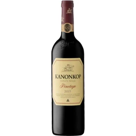 Bottle of Kanonkop Pinotage 2019 for 2023 showing a deep ruby wine with dense colour concentration and rich visual depth.