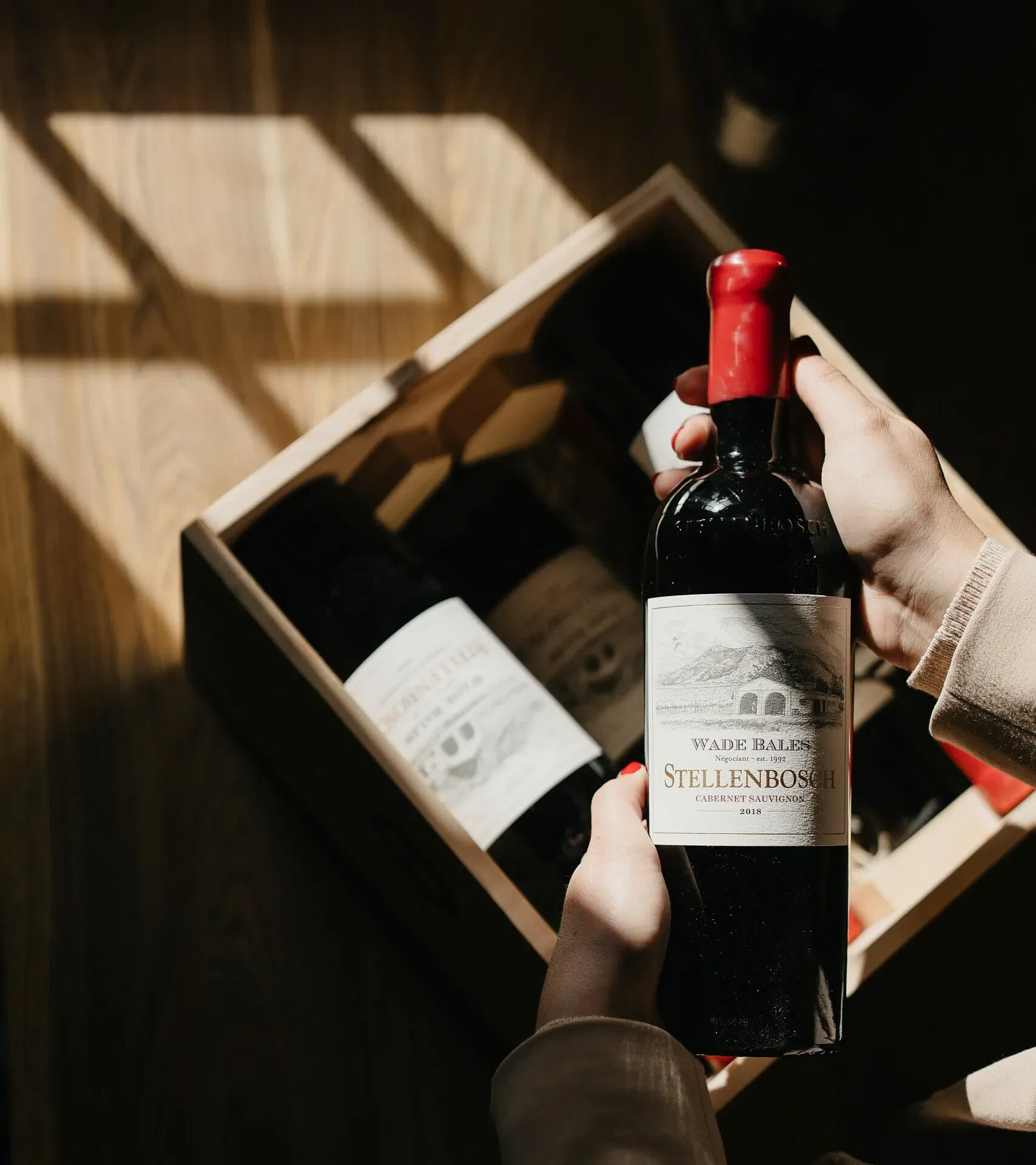 Hand Holding A Stellenbosch Cabernet Sauvignon Wine Bottle.
