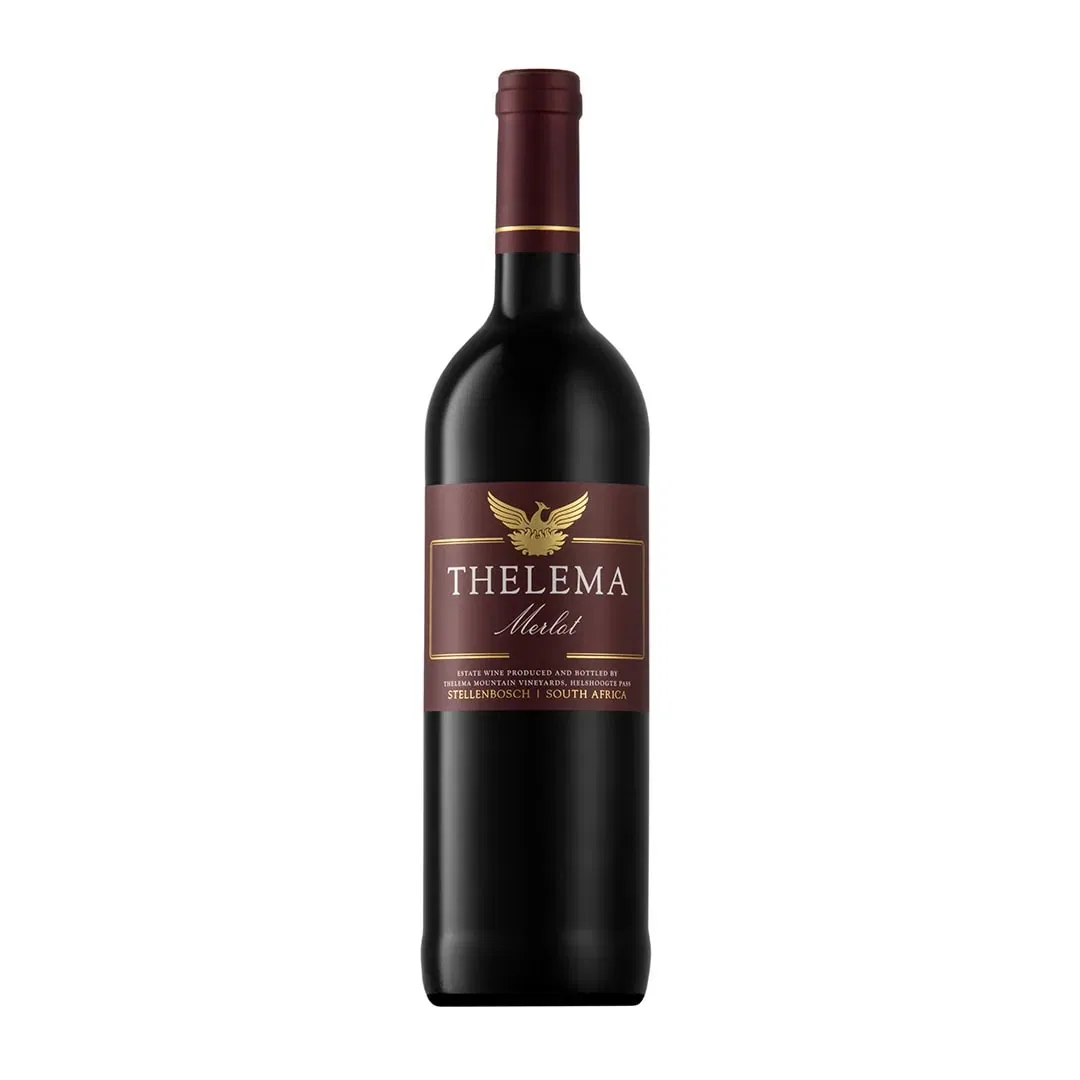 Bottle Of Thelema Merlot 2022 Showing A Deep Ruby Red Wine With Smooth Colour Depth And Polished Visual Elegance.
