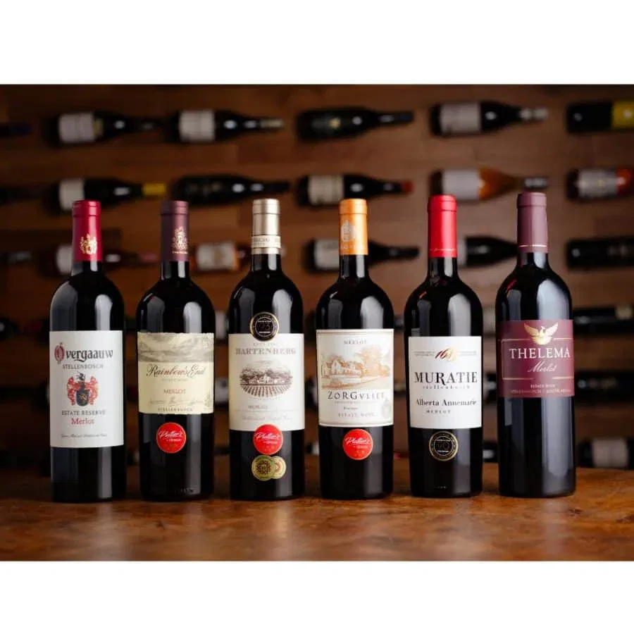 1. Vergaauw Estate Reserve Merlot from Stellenbosch.
2. Rainbow's End Merlot, showcasing South African wine excellence.
3. Hartenberg Merlot, a rich expression of Stellenbosch terroir.
4. Zorgvliet Estate Wine Merlot, highlighting premium South African vineyards.
5. Muratie Alberta Annemarie Merlot, a classic Stellenbosch selection.
6. Thelema Merlot, renowned for its bold flavors and quality.