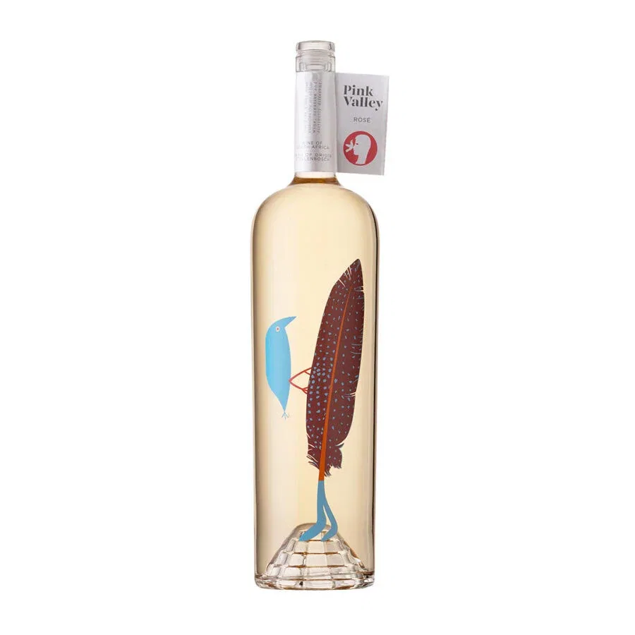 Pink Valley Rosé 2024 Magnum bottle featuring vibrant bird and feather design, Stellenbosch wine.