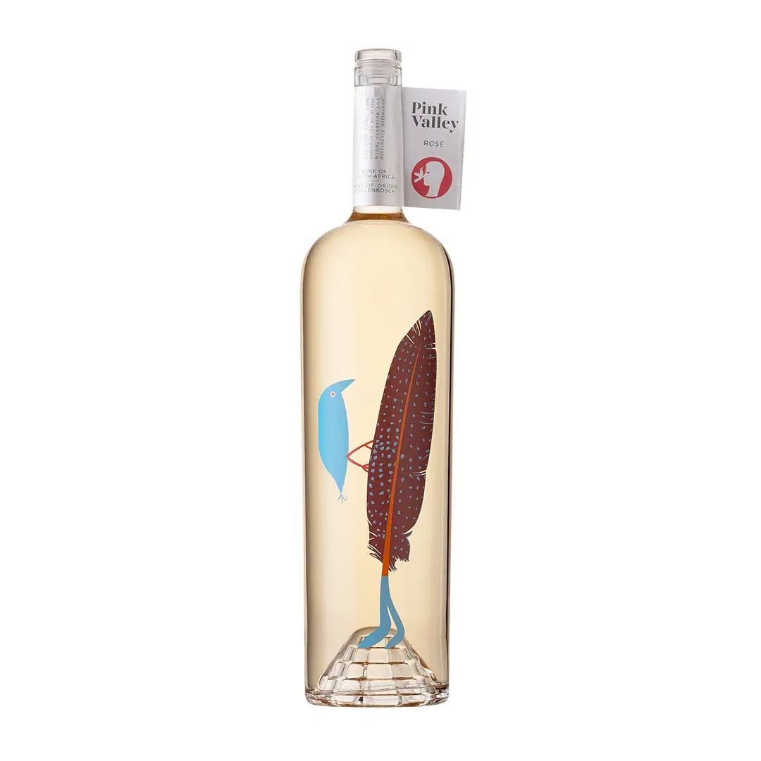 Pink Valley Rosé 2024 Magnum Bottle Featuring Vibrant Bird And Feather Design, Stellenbosch Wine.