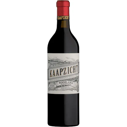 Bottle of Kaapzicht Rooiland Pinotage 2022 with rich fruit core, blackcurrant and smooth tannins.