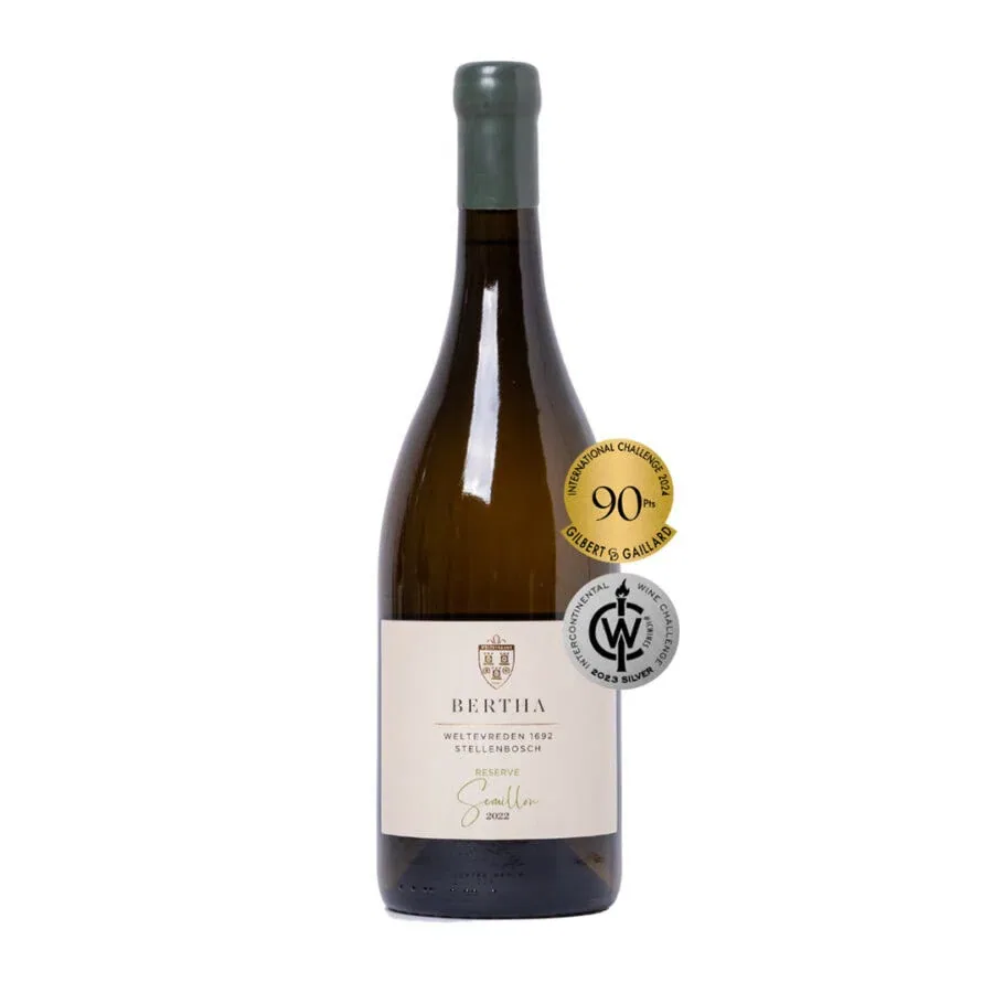 Stellenbosch Bertha Reserve white wine bottle with awards.