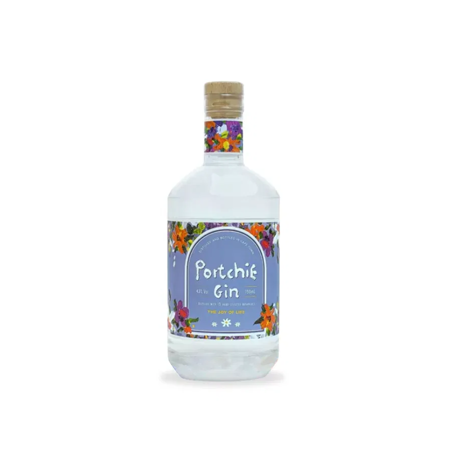 Portchie Gin bottle with floral label and wooden cork