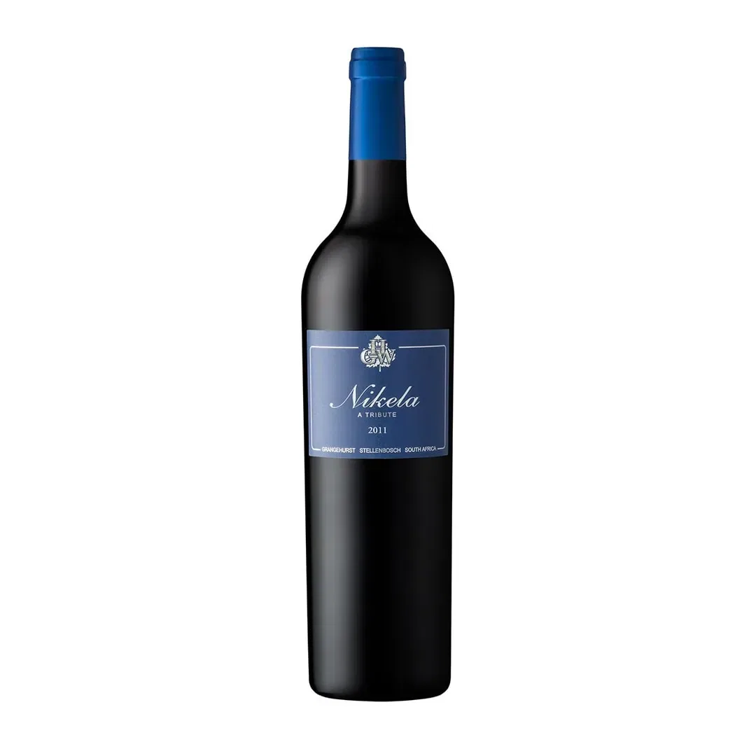 Grangehurst Nikela 2011-2014 Wine Bottle Showcasing A Full-Bodied Stellenbosch Red Blend With A Black And Blue Label.