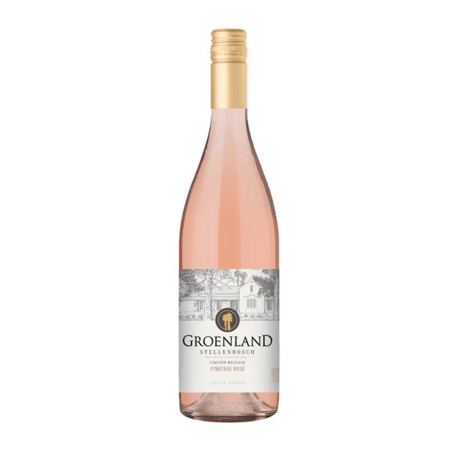 Groenland Stellenbosch Pinotage Rosé wine bottle with elegant label.