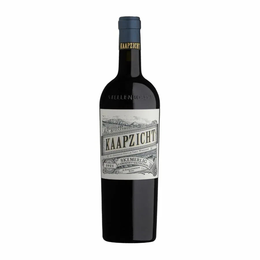 Bottle of Kaapzicht Skemerlig Cabernet Sauvignon 2021-2022 with dark fruit core, herbal notes and fine tannin grip.