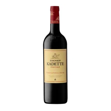 Bottle of Kanonkop Kadette Pinotage 2024 showing a deep plum red wine with rich ruby colour and polished visual depth.
