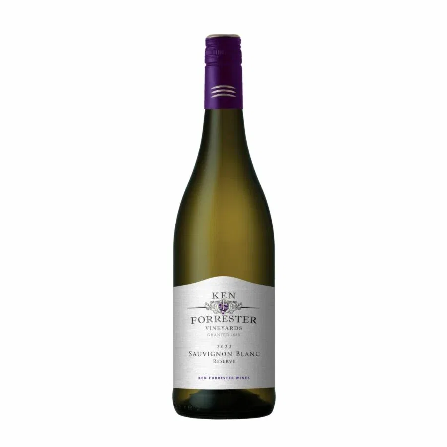 Bottle of Ken Forrester Sauvignon Blanc Reserve 2023-2025 featuring a pale white wine with fresh, bright and clear visual tone.
