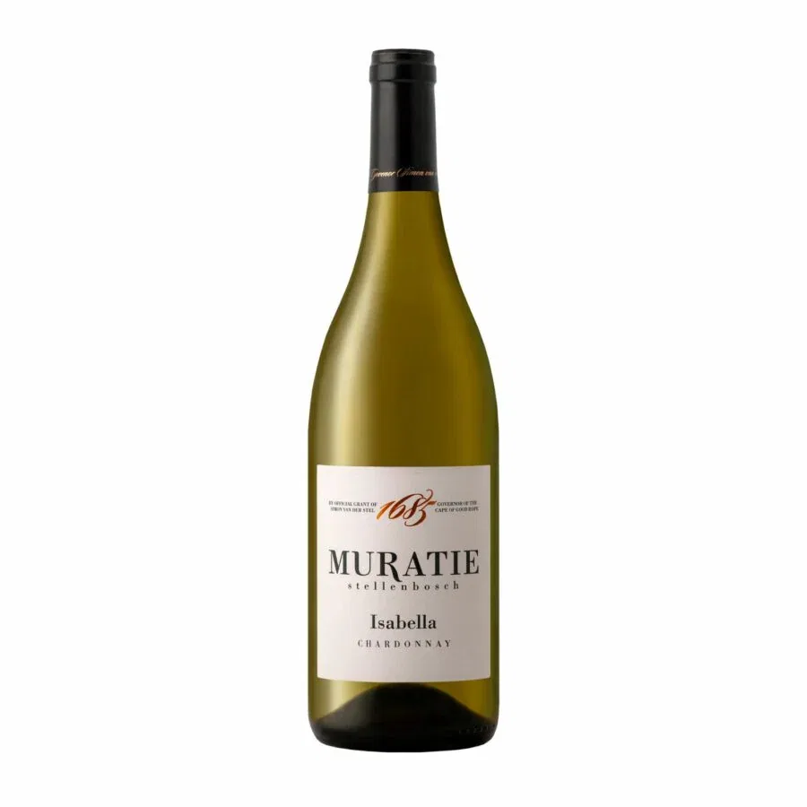 Muratie Isabella Chardonnay 2025 bottle showing peach, citrus and soft oak spice with mineral finish.