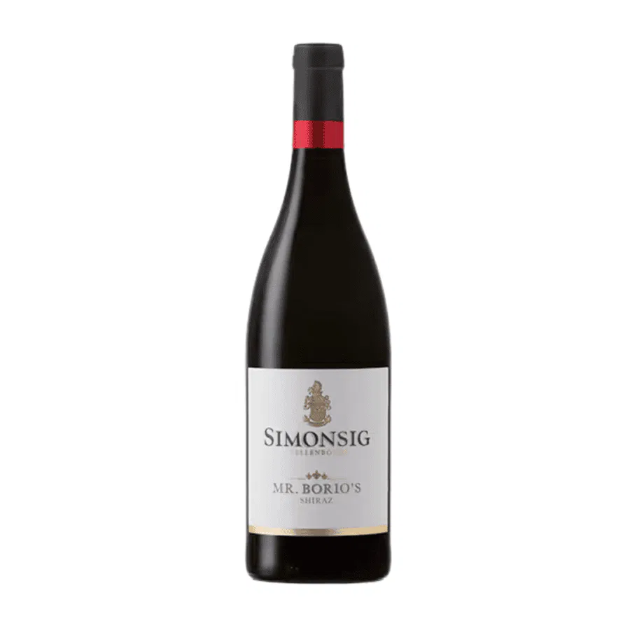 Simonsig Mr. Borio's Shiraz bottle showcasing Stellenbosch wine elegance.