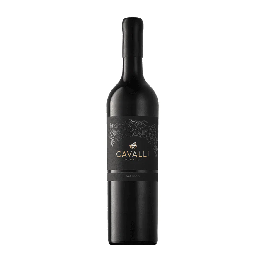 Bottle of Cavalli Warlord 2022 NY with dark fruit richness, cocoa notes and elegant Bordeaux-style blend depth.