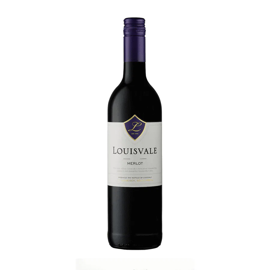 Bottle of Louisvale Merlot 2023 with silky texture, rich red fruit flavours and smooth balanced structure.