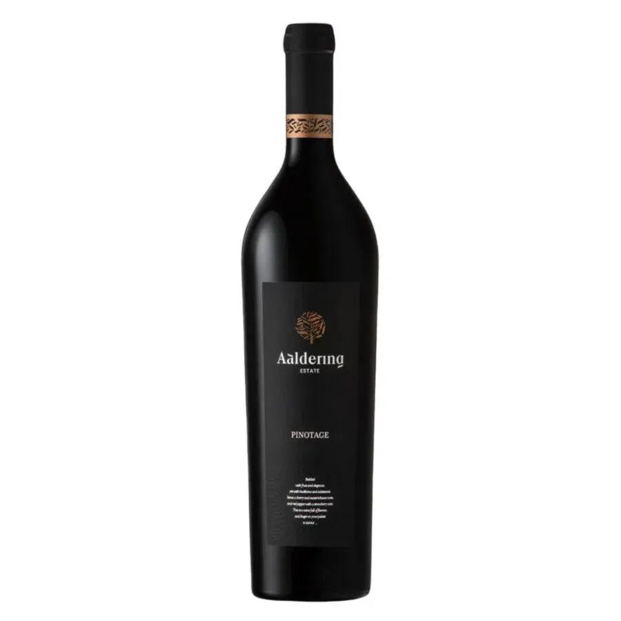 Bottle of Aaldering Pinotage 2023 displaying a full-bodied Pinotage with dark berry tones and concentrated ruby-purple appearance.