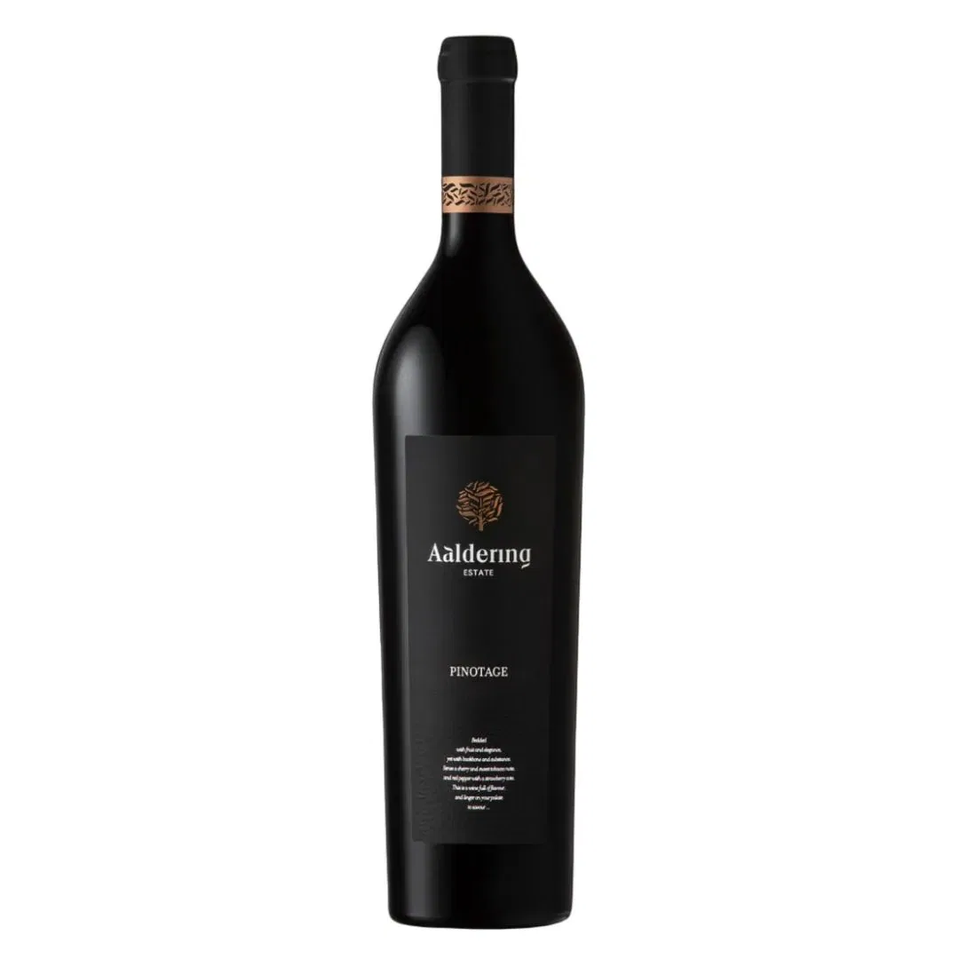 Bottle Of Aaldering Pinotage 2023 Displaying A Full-Bodied Pinotage With Dark Berry Tones And Concentrated Ruby-Purple Appearance.