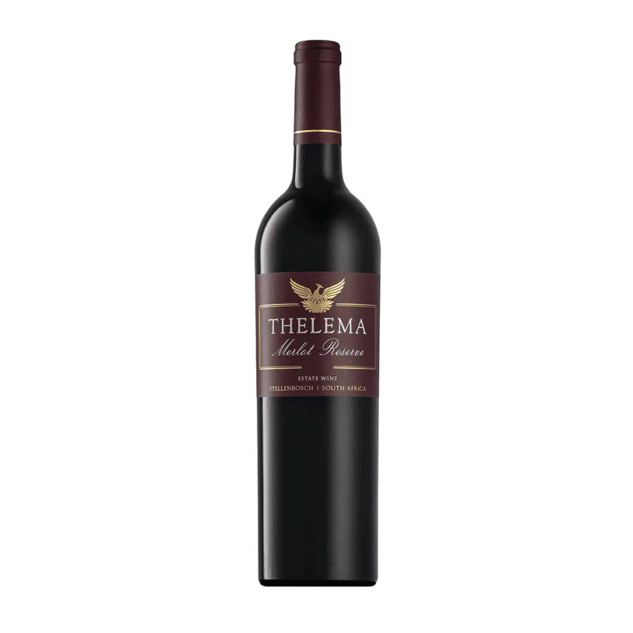 Bottle of Thelema Merlot Reserve 2022 displaying a refined red wine with concentrated ruby colour and elegant visual structure.