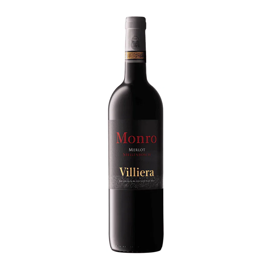 Bottle of Villiera Monro Merlot 2024 the Villiera’s “Reserve” red wine with a dark bottle colour and black label