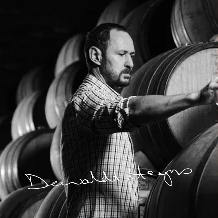 Winemaker inspecting barrels in Stellenbosch winery.