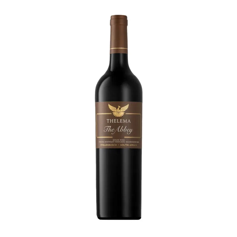 Thelema The Abbey 2022 featuring a rich ruby red wine with polished clarity in a dark bottle with a brown and gold label.
