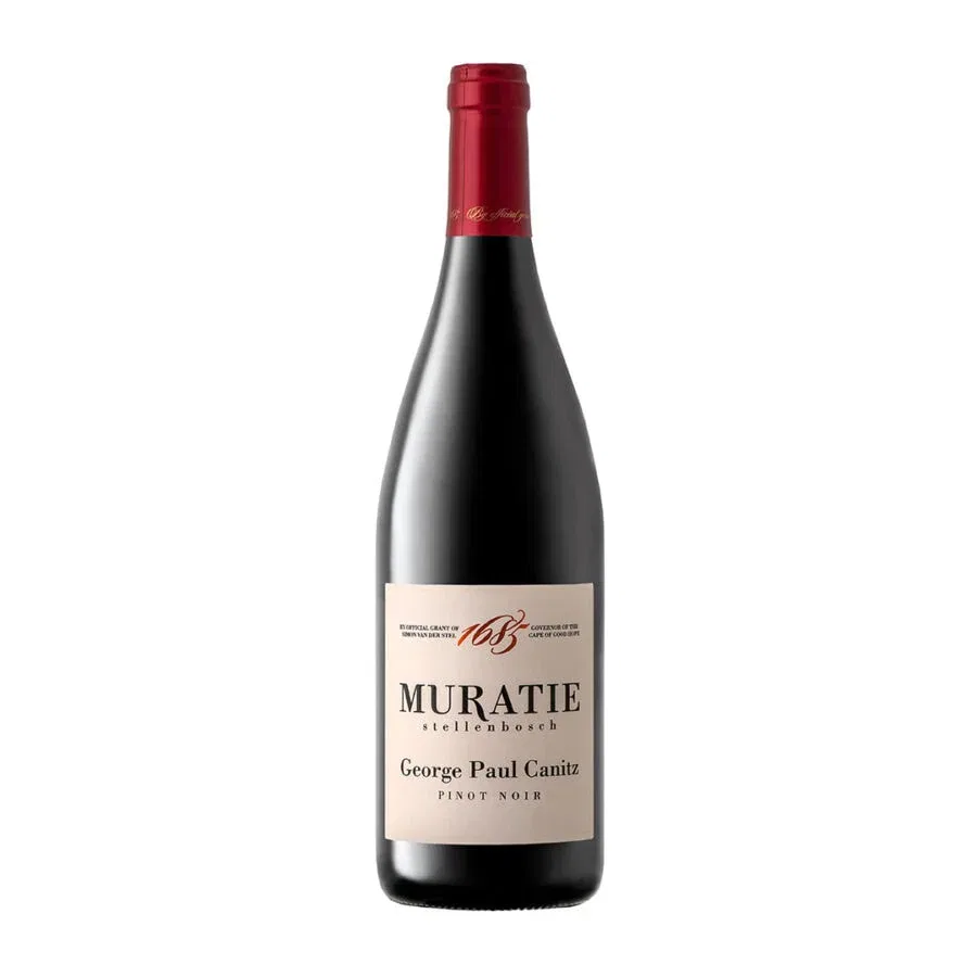 Muratie George Paul Canitz Pinot Noir 2023 bottle showing red cherry fruit, spice and earthy truffle complexity.