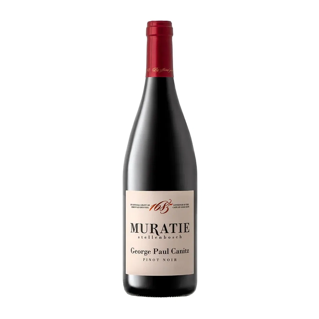 Muratie George Paul Canitz Pinot Noir 2023 Bottle Showing Red Cherry Fruit, Spice And Earthy Truffle Complexity.