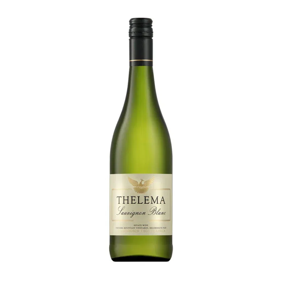 Bottle of Thelema Sauvignon Blanc 2025 showing a pale golden white wine with bright clarity and fresh elegant appearance.