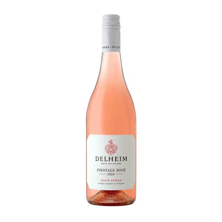 Delheim Pinotage Rosé 2024, 2025 bottle showcasing vibrant pink color, Stellenbosch wine.