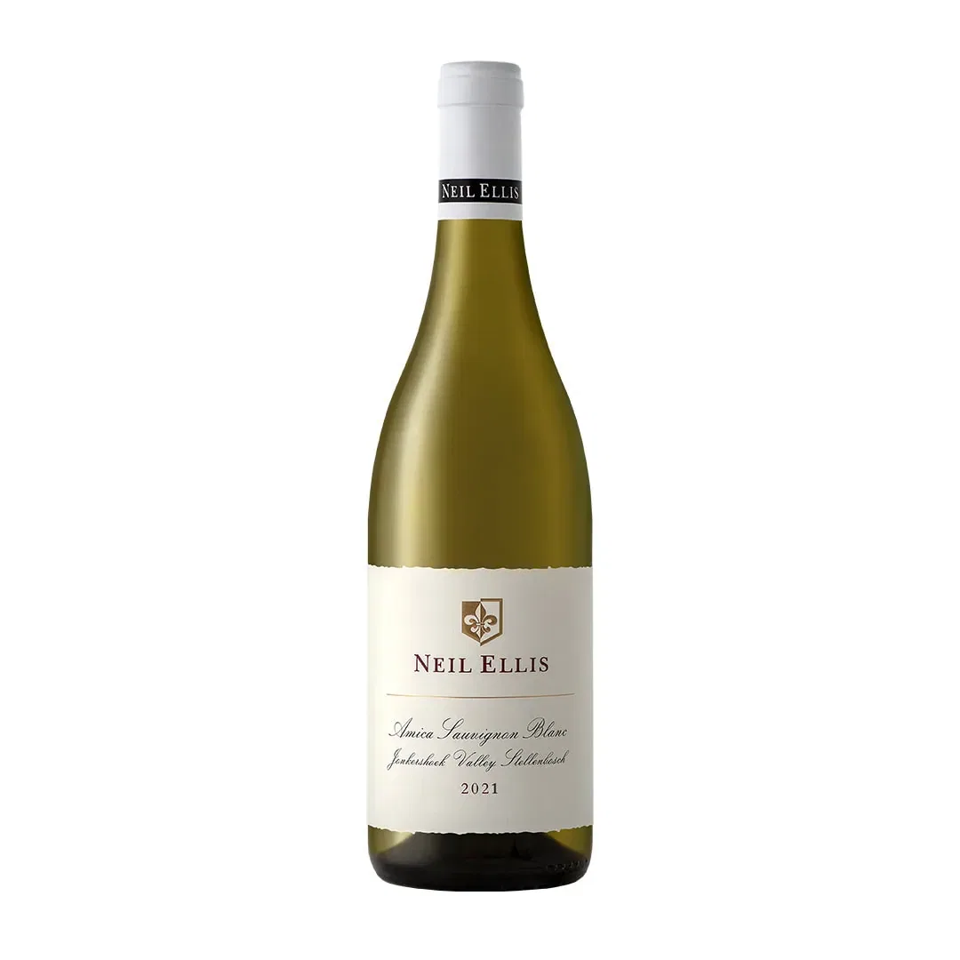 Bottle Of Neil Ellis Jonkershoek Amica Sauvignon Blanc 2021-2022 With Fruit Blossom Aromas, Melon Notes And Elegant Oak Texture.