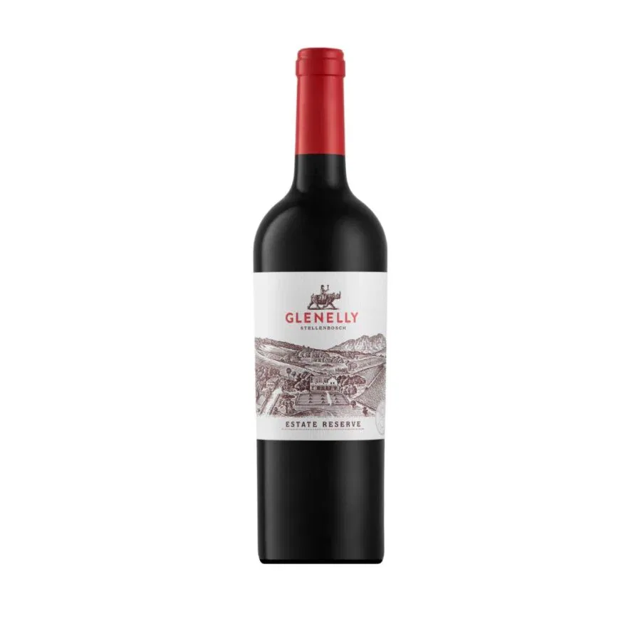 Bottle of Glenelly Estate Reserve 2018 showing a deep ruby red wine with concentrated colour and smooth, refined visual depth.