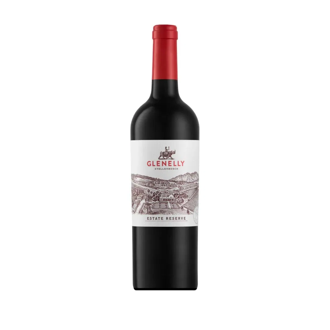Bottle Of Glenelly Estate Reserve 2018 Showing A Deep Ruby Red Wine With Concentrated Colour And Smooth, Refined Visual Depth.