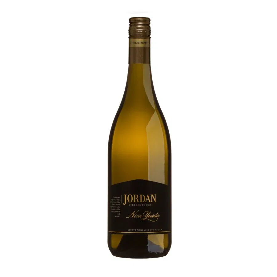 Jordan Nine Yards Chardonnay 2024 in bottle form with citrus zest, vanilla oak and rich mouthfilling texture balanced by crisp acidity.