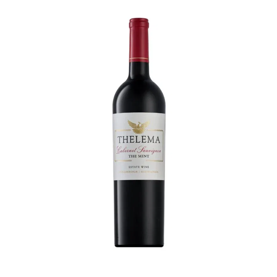 Bottle of Thelema The Mint Cabernet Sauvignon 2023 showing eucalyptus influence, cassis richness and 18 months oak maturation.