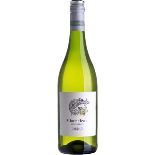 Chameleon Chenin Blanc From Jordan, Showcasing Bright Green Bottle And Intricate Label Design.