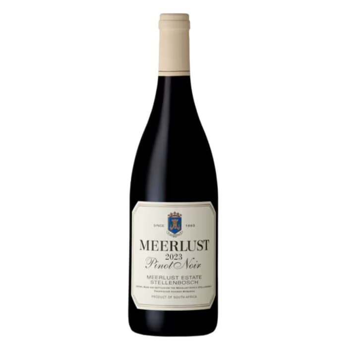 Meerlust Pinot Noir 2023-2024 bottle showing vibrant garnet colour with elegant Stellenbosch Pinot Noir presentation