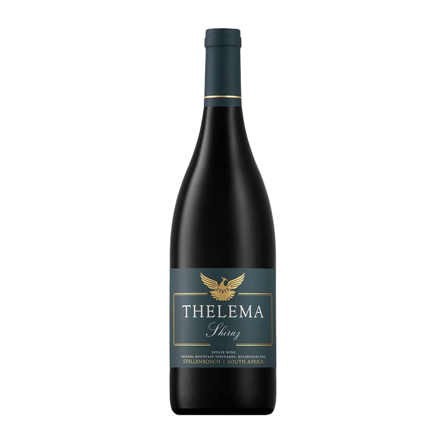 Bottle Of Thelema Shiraz 2021 Showing A Deep Ruby Red Wine With Rich Dark Fruit Colour And Polished Visual Depth.