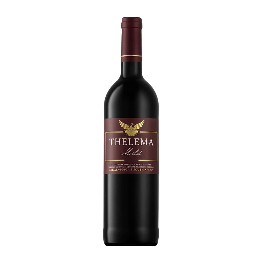 Bottle Of Thelema Merlot 2021-2022 Showing A Deep Ruby Red Wine With Smooth Colour Depth And Polished Visual Elegance.