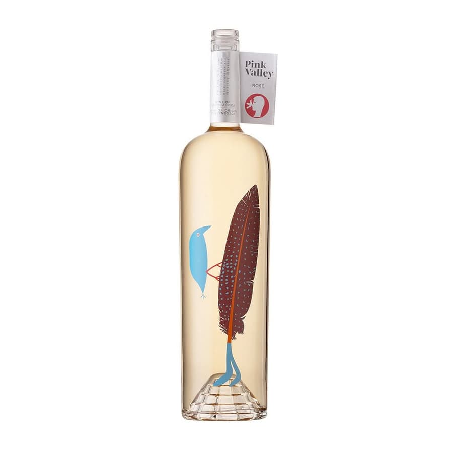Pink Valley Rosé 2024 Magnum Bottle Featuring Vibrant Bird And Feather Design, Stellenbosch Wine.