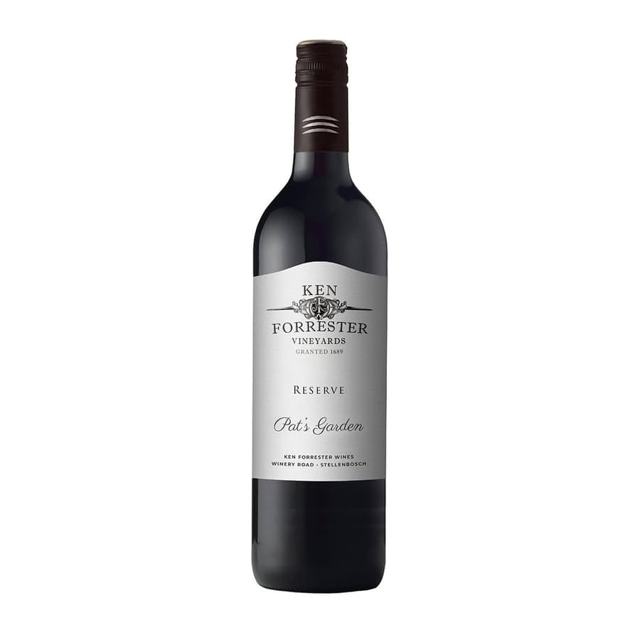 Bottle Of Ken Forrester Pat’s Garden 2020 Featuring A Dark Red Wine With Layered Colour Intensity And Polished Visual Appearance.
