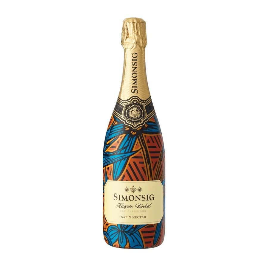Sparkling Wine Bottle From Simonsig, Showcasing Vibrant African-Inspired Design.