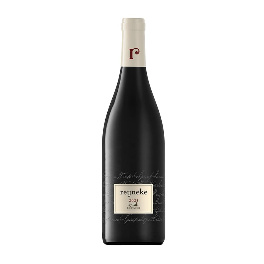Reyneke 2021 Syrah Bottle Showcasing South African Biodynamic Wine.