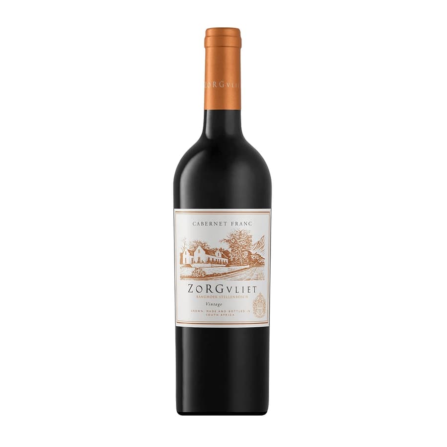 Bottle Of Zorgvliet Cabernet Franc 2022 Showing Deep Red Wine With Structured Colour And Refined Visual Depth.