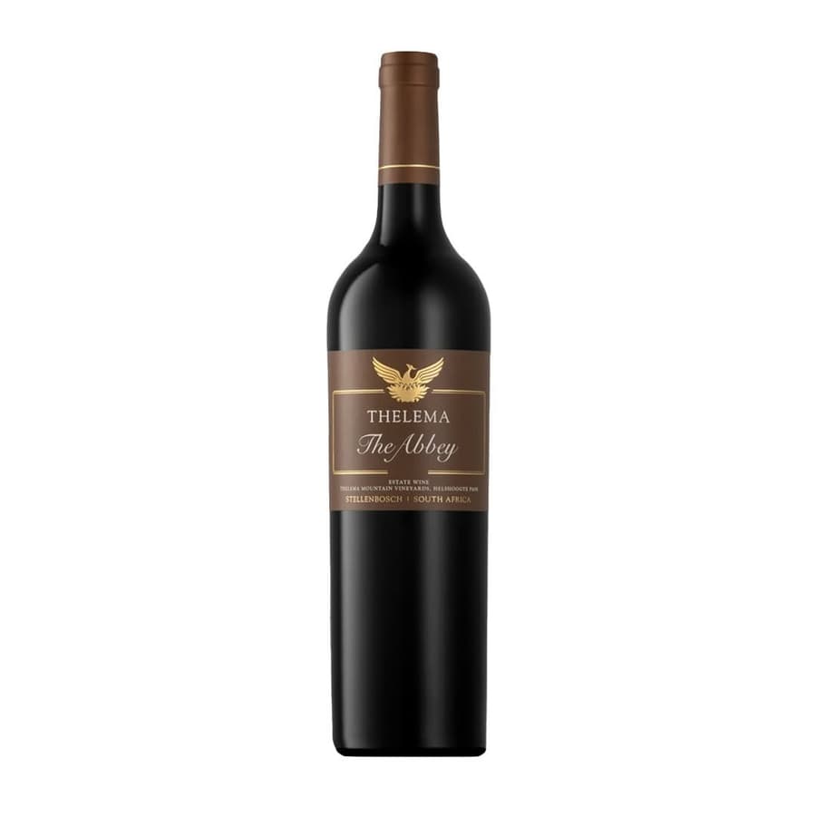 Thelema The Abbey 2022 Featuring A Rich Ruby Red Wine With Polished Clarity In A Dark Bottle With A Brown And Gold Label.