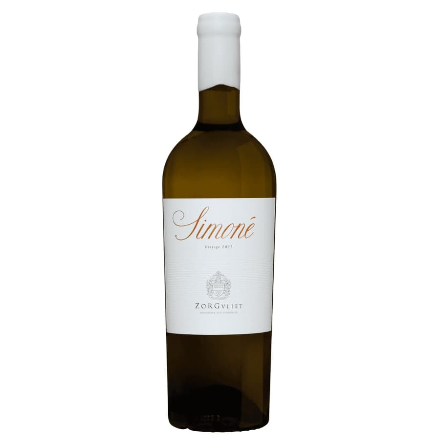 Alt Text: Zorgvliet Simóné 2021 White Wine Bottle From Stellenbosch.