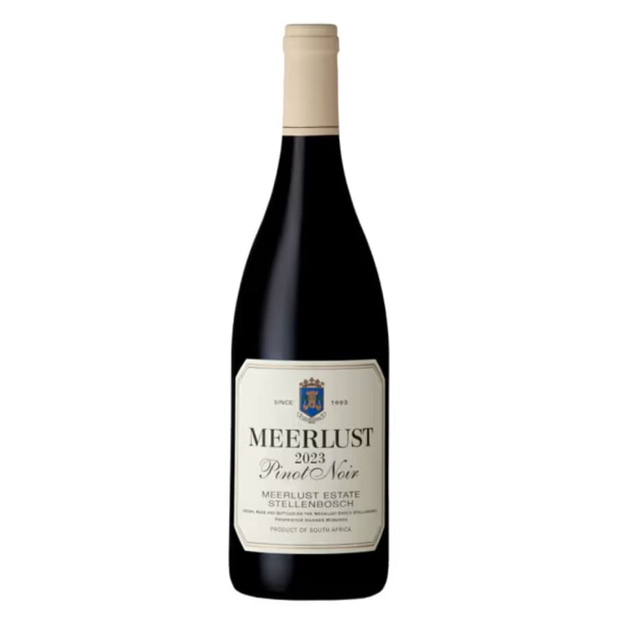 Meerlust Pinot Noir 2023-2024 Bottle Showing Vibrant Garnet Colour With Elegant Stellenbosch Pinot Noir Presentation